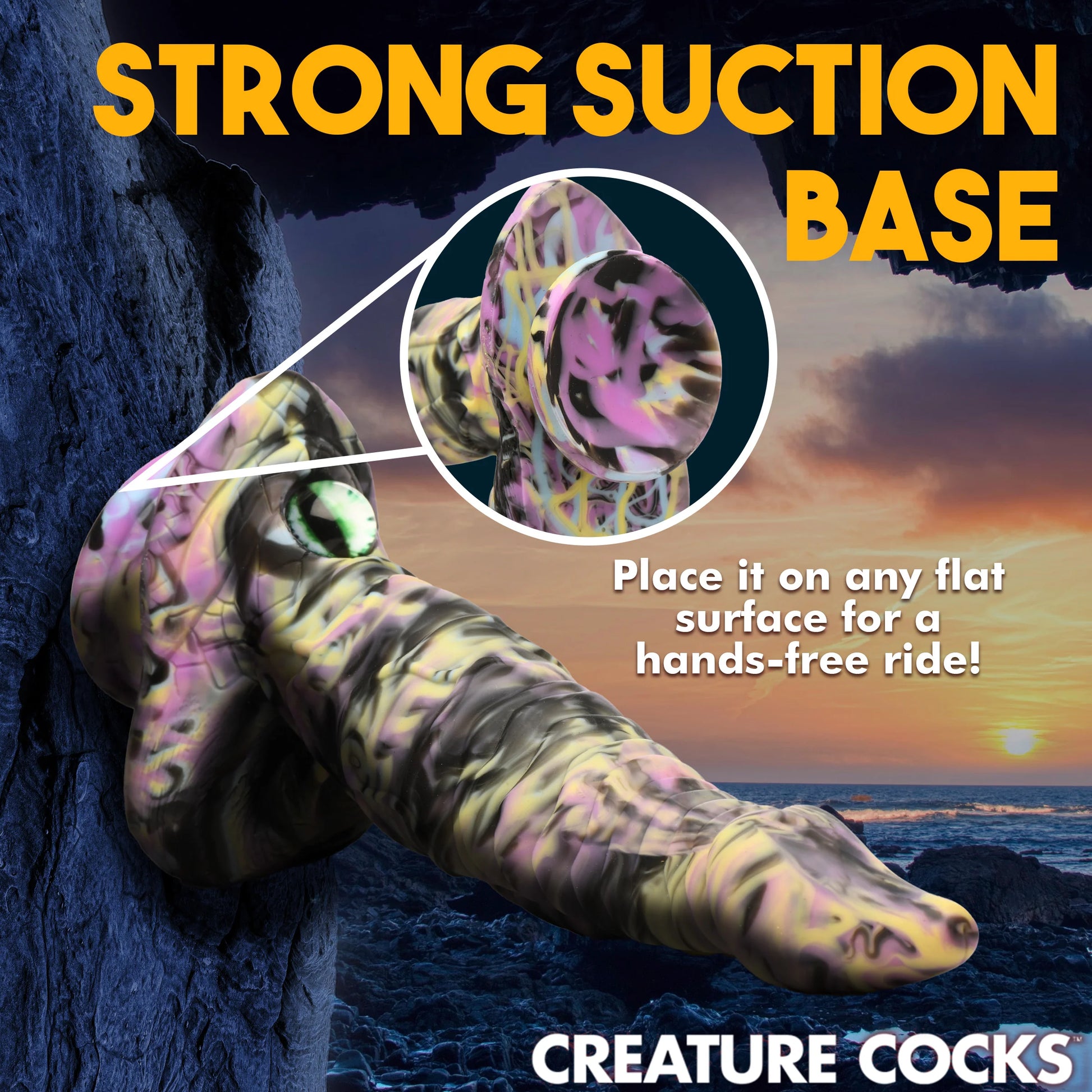 The Creature Cocks Cyclops shown suction cupped to a mountain. Text reads: Strong suction base. Place it on any flat surface for a hands-free ride" | Kinkly Shop
