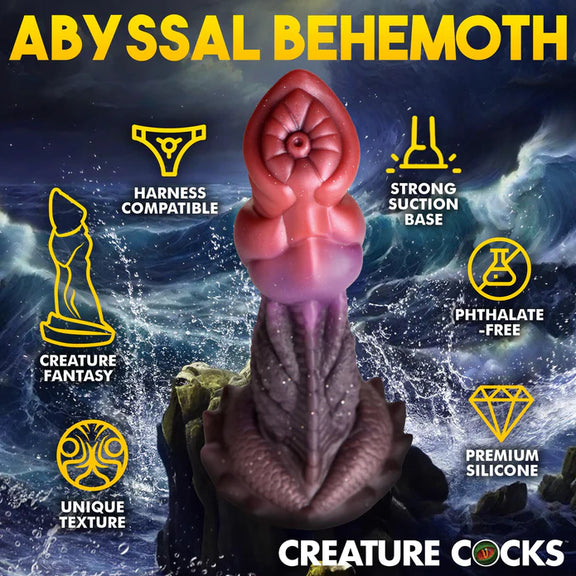 The Creature Cocks Deep Diver shown with a text and icon list of features surrounding it. Text reads: Abyssal behemoth. Harness compatible, strong suction base, creature fantasy, unique texture, phthalate-free, premium silicone. | Kinkly Shop