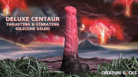 GIF showcases the Creature Cocks Thrusting Centaur with Remote Control turned on and vibrating and thrusting. The dildo wiggles wildly with a slight thrust alongside all of the wiggling. | Kinkly Shop