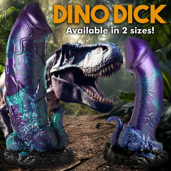 The two different sizes of the Creature Cocks Dino Dick shown next to one another | Kinkly Shop