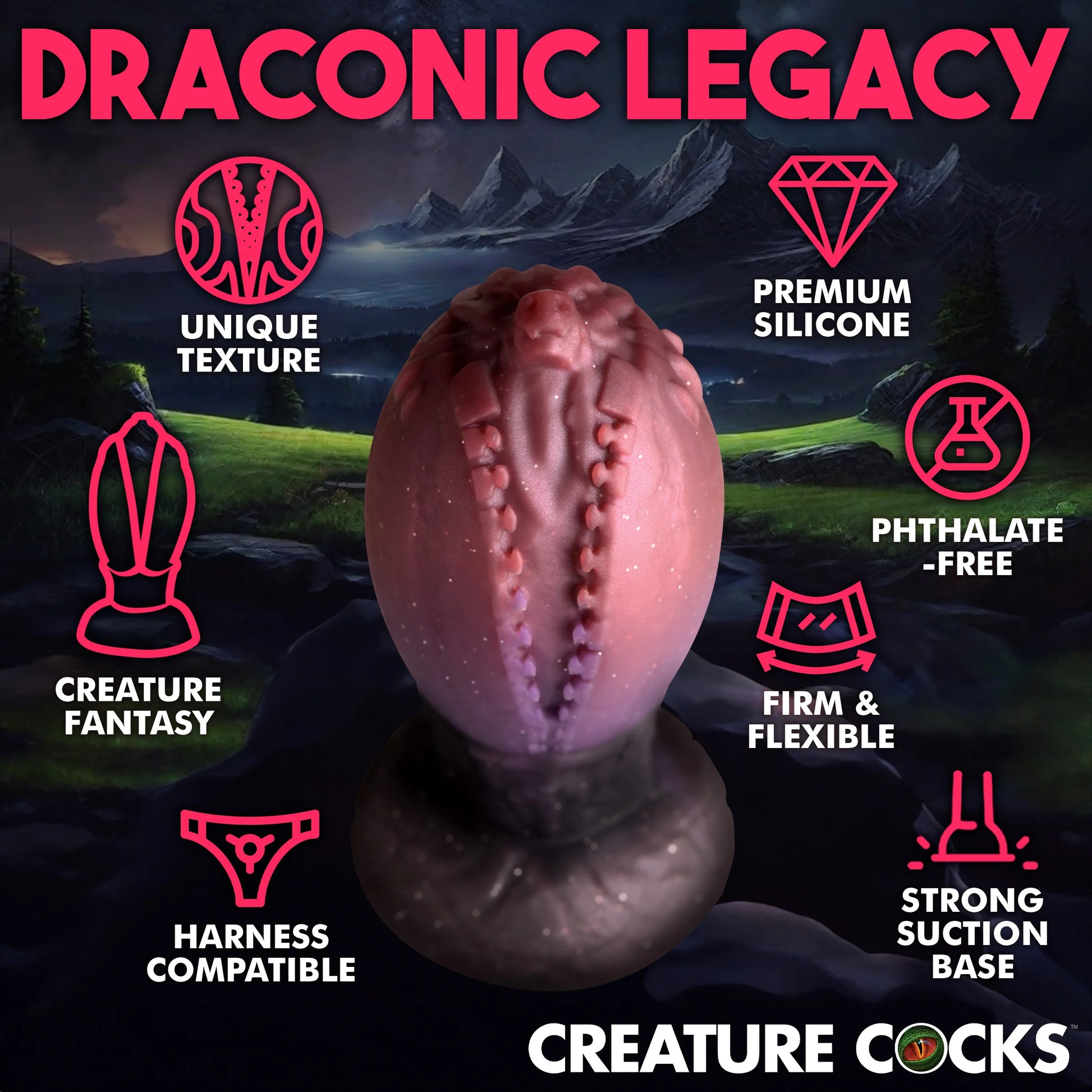 The Creature Cocks Dragon Hatch shown next to icons and text that describe its features. Text includes: "Unique texture, premium silicone, creature fantasy, harness compatible, firm and flexible, phthalate free, strong suction base" | Kinkly Shop