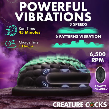 An information-heavy image for the Creature Cocks Dragon Remote-Control Vibrating Grinder. Text on the image reads: Powerful vibrations. 3 vibration speeds. 6 vibration patterns. 6,5000 RPM. Remote included. Run time: 45 minutes. Charge time: 1 hour. | Kinkly Shop