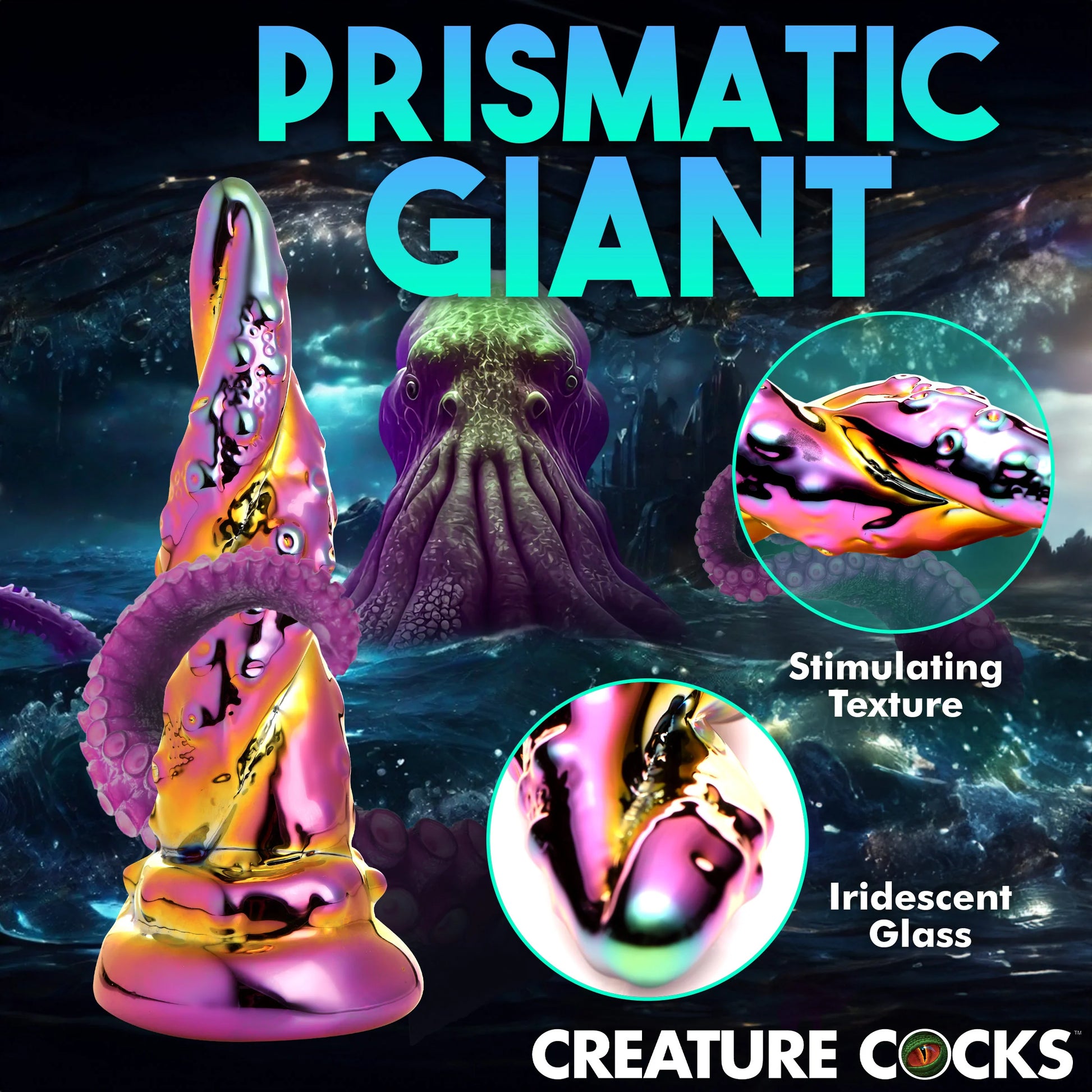Collage of images showcasing the features of the Creature Cocks Enchantress including its stimulating texture and iridescent glass. | Kinkly Shop