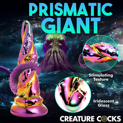 Collage of images showcasing the features of the Creature Cocks Enchantress including its stimulating texture and iridescent glass. | Kinkly Shop