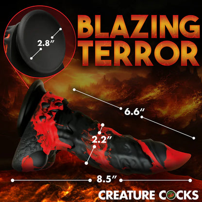 The Creature Cocks Fire Demon with measurements superimposed over top of it. All measurements can be found in the product text description. | Kinkly Shop
