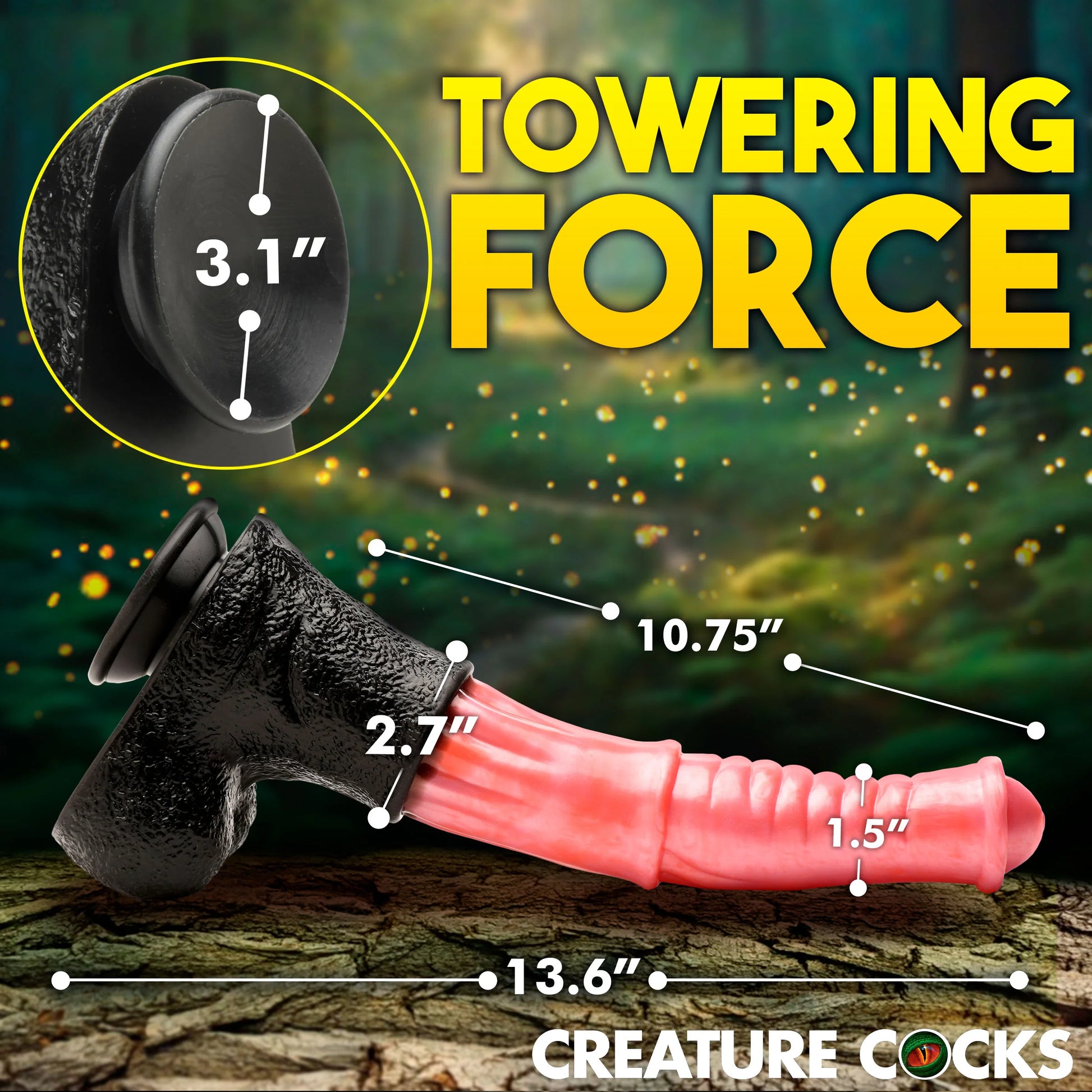 The Creature Cocks Giant Centaur XL with measurements superimposed over it. All measurements are included within the product text description itself. | Kinkly Shop