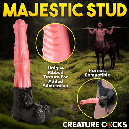 Collage of images showcasing the features of the Creature Cocks Giant Centaur XL. Text includes unique ribbing texture for added stimulation and harness compatible. | Kinkly Shop