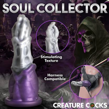 Collage of images showcases the various features of the Creature Cocks Grim Reaper including a stimulating texture and harness compatibility. | Kinkly Shop