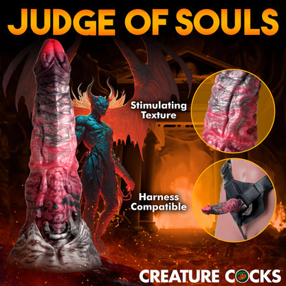 Collage of images showcases features of the Creature Cocks Hades including the stimulating texture and harness compatibility. | Kinkly Shop