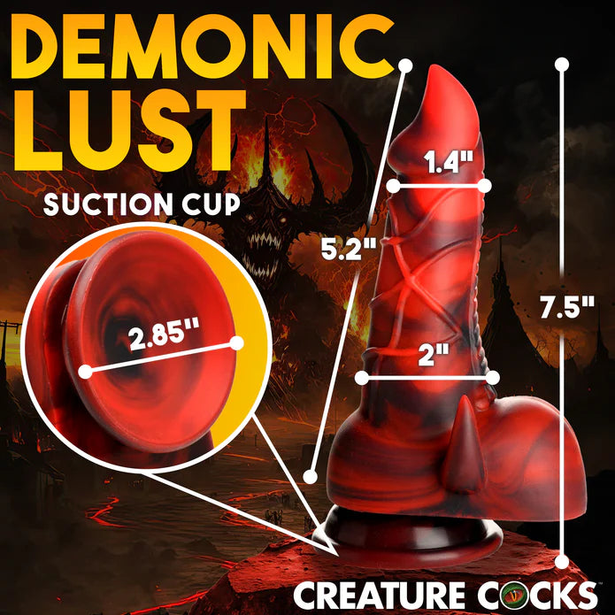 The Creature Cocks Horny Devil with measurements written overtop of its design | Kinkly Shop
