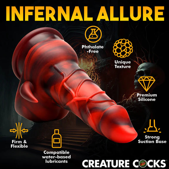 The Creature Cocks Horny Devil surrounded by a list of icons and text features. Text reads: Phthalate-free, unique texture, premium silicone, strong suction base, firm and flexible, compatible with water-based lubricants 
| Kinkly Shop