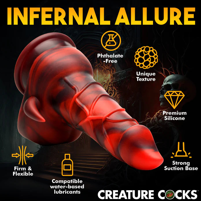 The Creature Cocks Horny Devil surrounded by a list of icons and text features. Text reads: Phthalate-free, unique texture, premium silicone, strong suction base, firm and flexible, compatible with water-based lubricants 
| Kinkly Shop