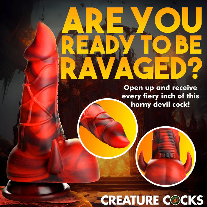 Collage of images showcases various features of the dildo. Text reads: Are you ready to be ravaged? Open up and receive every fiery inch of this horny devil cock. | Kinkly Shop