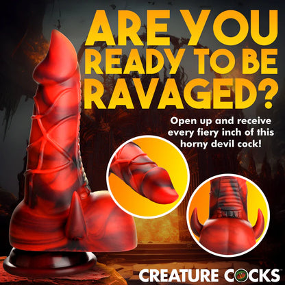 Collage of images showcases various features of the dildo. Text reads: Are you ready to be ravaged? Open up and receive every fiery inch of this horny devil cock. | Kinkly Shop