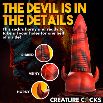 Collage of close-up detail images showcasing features of the Creature Cocks Horny Devil. Text reads: This cock's horny and ready to take all your holes for one hell of a ride. Ribbed. Veiny. Horny | Kinkly Shop