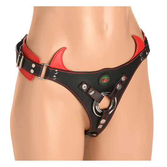 The Horny Devil Strap-On Harness worn around the hips on a mannequin. The front of the hip harness has small, little, red devil horns that stick up from the waist band. | Kinkly Shop