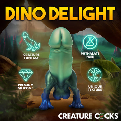 The Creature Cocks Jurassic Cock with icons and text describing the features of the toy. Text includes "Creature fantasy, premium silicone, phthalate-free, and unique texture" | Kinkly Shop