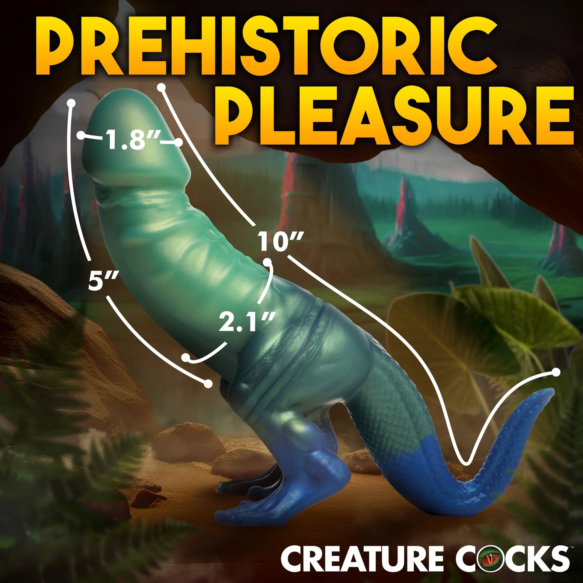 The Creature Cocks Jurassic Cock with measurements shown superimposed on top of the dildo's shape. | Kinkly Shop