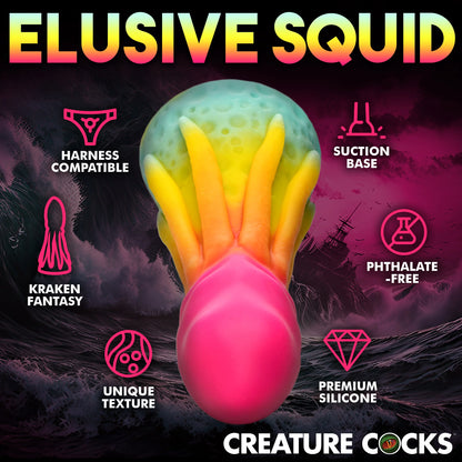 The Creature Cocks King Kraken with icons and text surrounding it, showcasing the various features of the toy. Text reads: "Elusive squid. Harness compatible. Suction base. Kraken fantasy. Unique texture. Premium silicone. Phthalate free." | Kinkly Shop