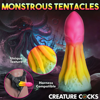 Collage of images showcasing the Creature Cocks King Kraken's harness compatibility and unique texture. | Kinkly Shop