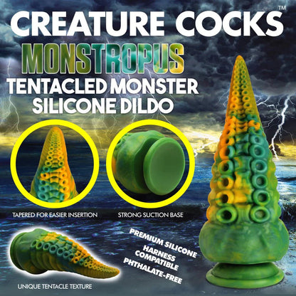 Collage of images showcasing the various features of the Creature Cocks Monstropus. Text includes tapered for easier insertion, strong suction base, unique tentacle texture, premium silicone, harness compatible, phthalate free | Kinkly Shop