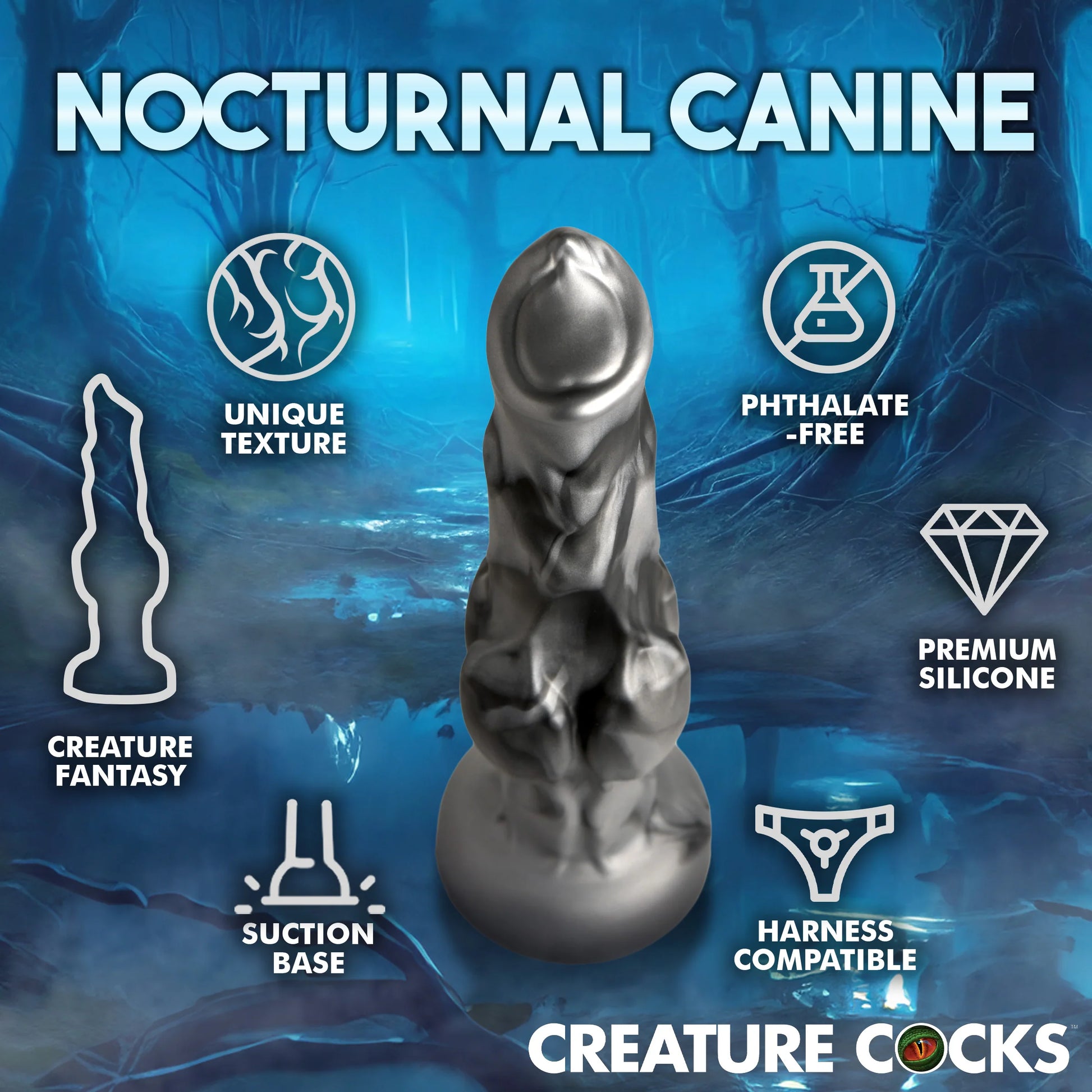 The Creature Cocks Night Prowler shown with icons and text describing ts features around it. Text includes: "Unique texture, phthalate free, premium silicone, harness compatible, suction base, creature fantasy" | Kinkly Shop
