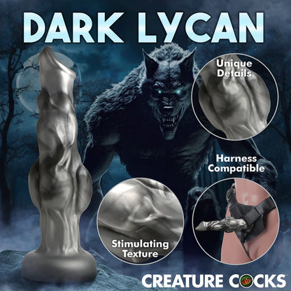 Collage of images of the Creature Cocks Night Prowler showcases features including the unique details, stimulating texture, and harness compatibility. | Kinkly Shop