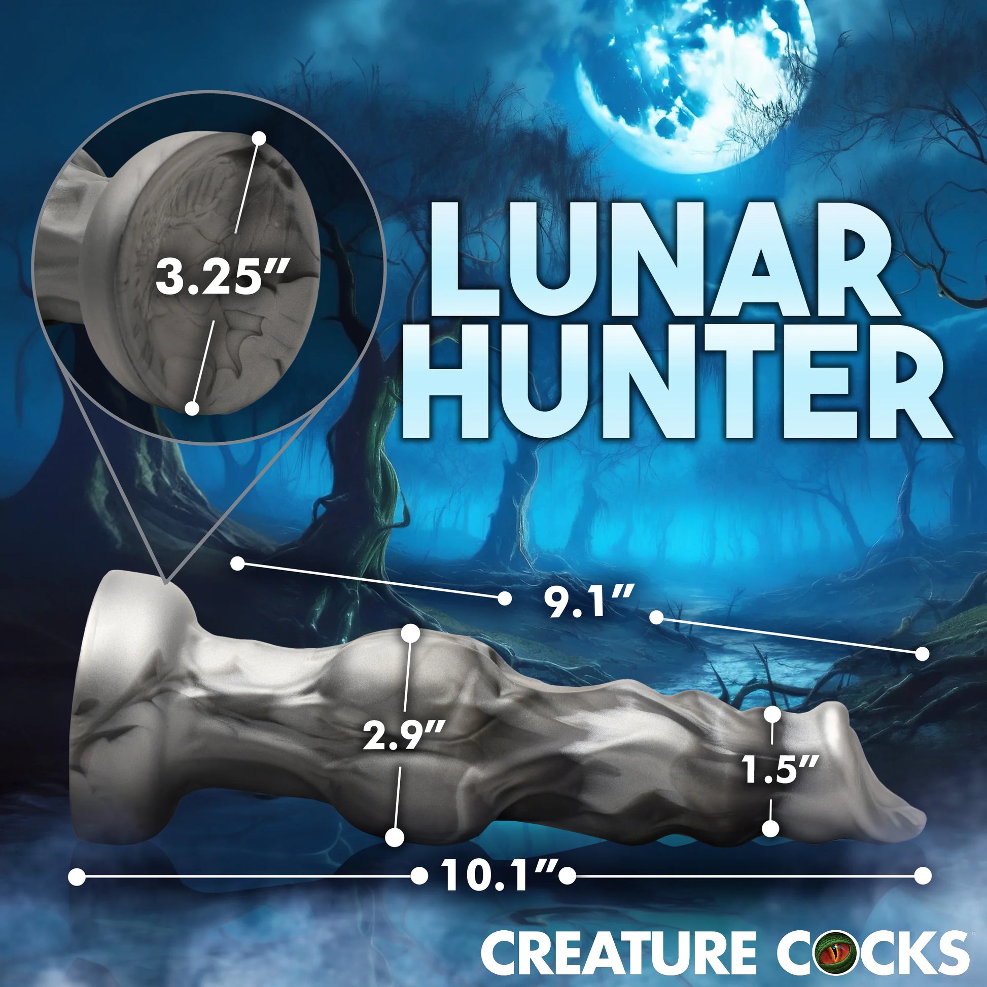 Measurements for the Creature Cocks Night Prowler. All measurements are included within the text of the product description. This is the large version.