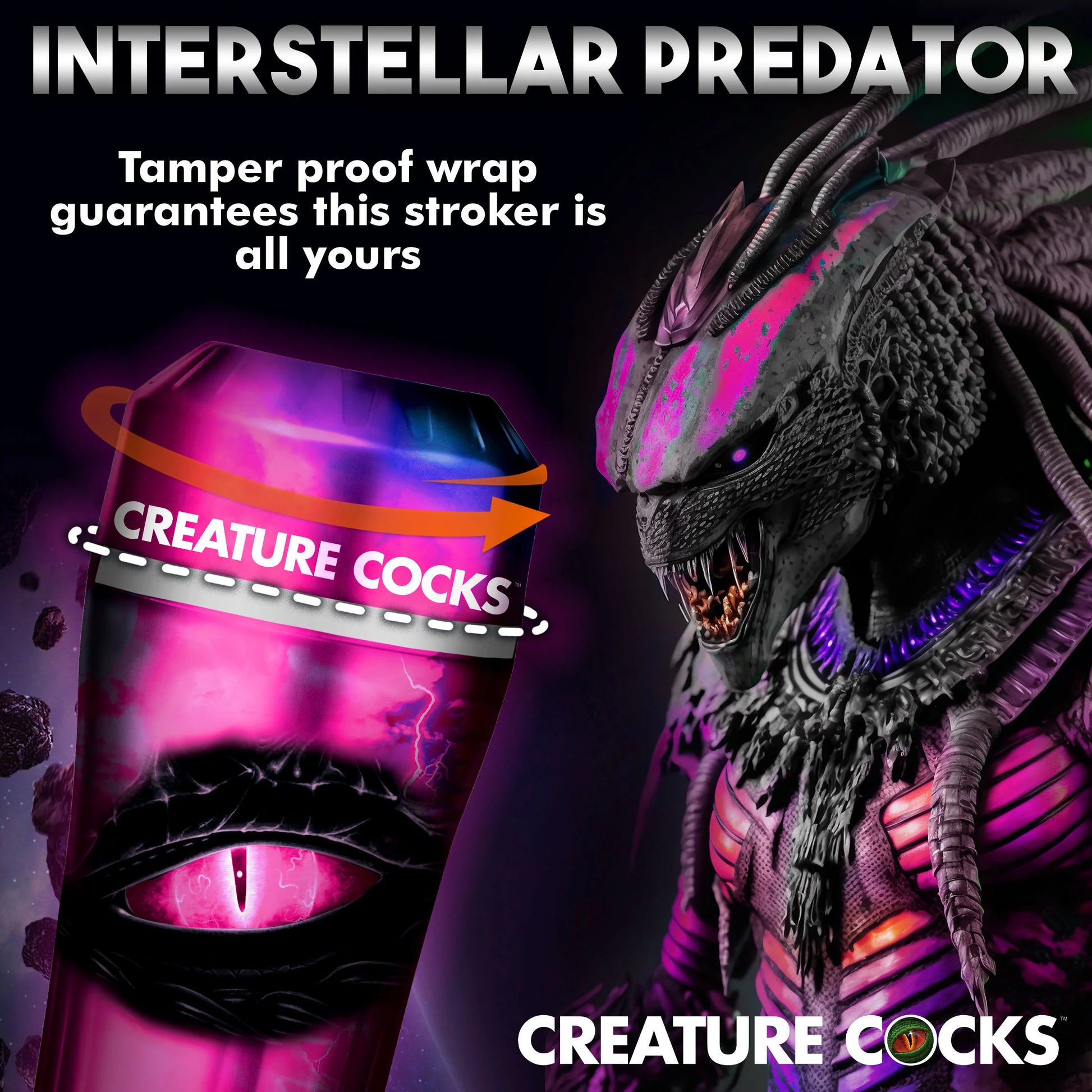 Close-up on the plastic wrap covering on the Creature Cocks Predator Stroker which includes a perforated tear line. Text reads: Tamper proof wrap guarantees this stroker is all yours | Kinkly Shop