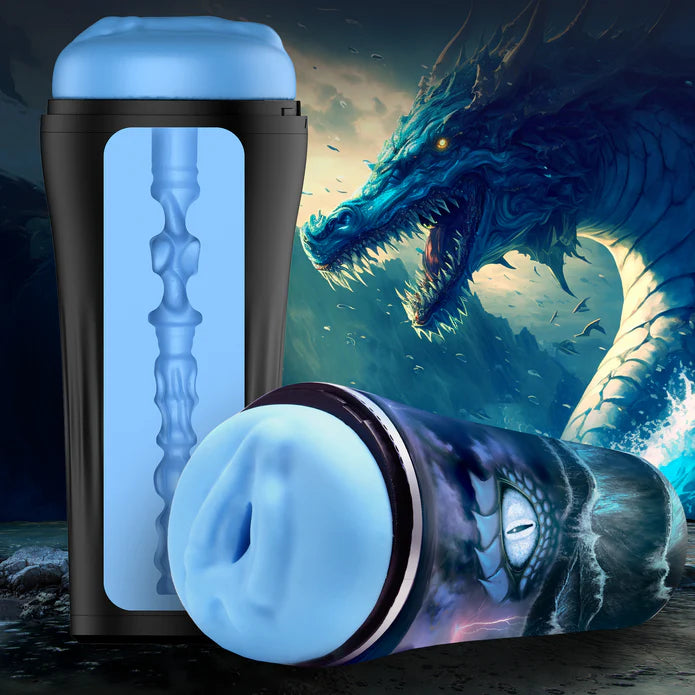 Cross-section of the inside of the stroker shown next to the entrance and orifice of the Creature Cocks Pussidon. The stroker is blue, and the interior is covered in protruding texturing for pleasure. | Kinkly Shop