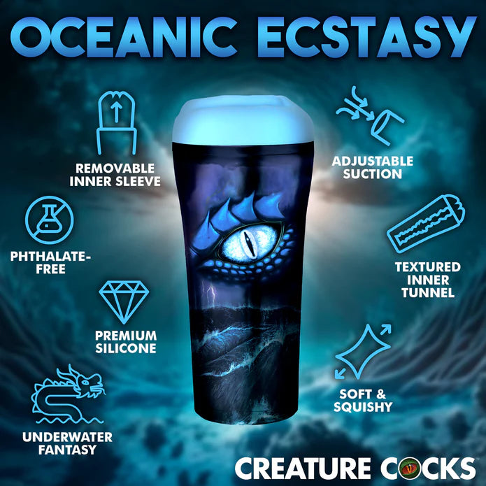 An image of the Creature Cocks Pussidon surrounded by text and icons of its features. Text reads: "Oceanic ecstasy. Removable inner sleeve. Phthalate-free. Premium silicone. Underwater fantasy. Adjustable suction. Textured inner tunnel. Soft & squishy." | Kinkly Shop