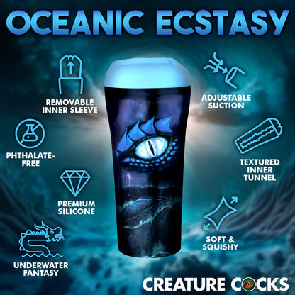 An image of the Creature Cocks Pussidon surrounded by text and icons of its features. Text reads: "Oceanic ecstasy. Removable inner sleeve. Phthalate-free. Premium silicone. Underwater fantasy. Adjustable suction. Textured inner tunnel. Soft & squishy." | Kinkly Shop