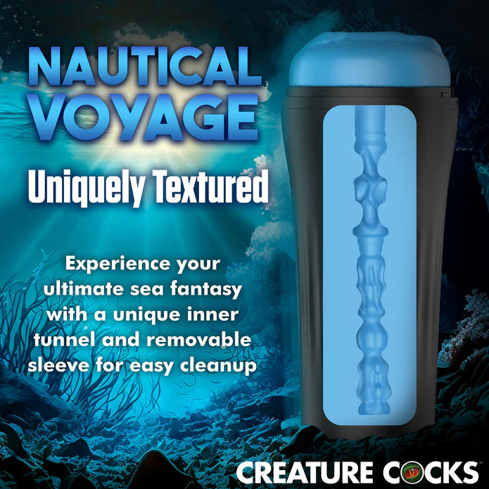 Cross-section of the inside of the stroker showcases the Creature Cocks Pussidon's inner texture. Text on the image reads: Uniquely textured. Experience your ultimate sea fantasy with a unique inner tunnel and removable sleeve for easy cleanup. | Kinkly Shop