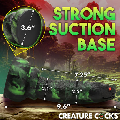 The Creature Cocks Python shown with measurements superimposed on top of it. All measurements are included within the product text descriptions. | Kinkly Shop