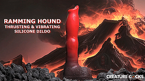 GIF showcases the thrusting function of the Creature Cocks Ramming Hound with Remote Control. The toy is sitting on a flat surface with the thrusting turned on, and the shaft thrusts up and down. | Kinkly Shop