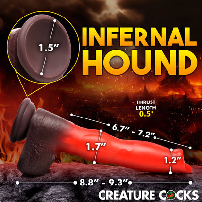 The Creature Cocks Ramming Hound shown with measurements written all around the dildo. All measurements are included within the product text. | Kinkly Shop
