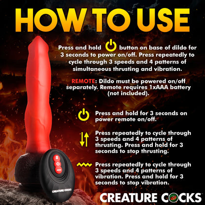 How to use the Creature Cocks Ramming Hound. Press and hold the power button on the base of the dildo for 3 seconds to power on/off. Single press to cycle through 3 speeds and patterns of thrusting and vibration. The remote offers individual control of the thrusting and vibration motors if you choose to use it instead. | Kinkly Shop