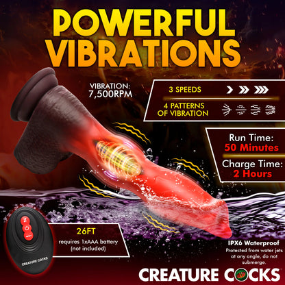 The Creature Cocks Ramming Hound with Remote Control with tons of feature information written around it. Text reads: Powerful vibrations. Vibration 7,500 RPM. 3 speeds. 4 vibration patterns. Run time: 50 minutes. Charge time: 2 hours. Remote range: 26 feet. It requires 1 AAA battery that isn't included. The toy is IPX6 waterproof. It can be lightly splashed but submerging it in water will kill it. | Kinkly Shop