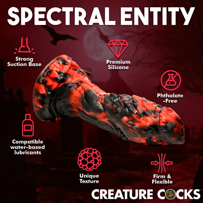 The Creature Cocks Reaper with a list of features shown around it. Text includes "Spectral entity. Strong suction base. Premium silicone. Phthalate free. Compatible with water-based lubes. Unique texture. Firm and flexible" | Kinkly Shop