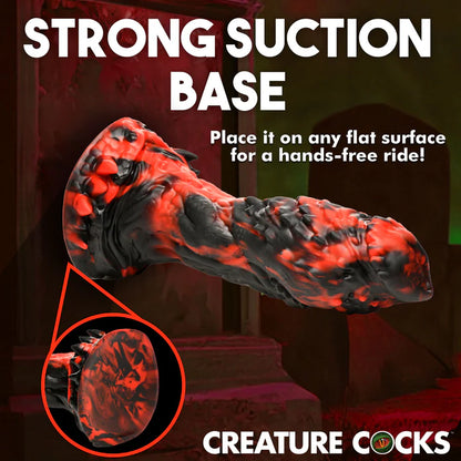 The Creature Cocks Reaper shown adhered onto a flat vertical surface. Text on the image reads: "Strong suction base. Place it on any flat surface for a hands-free ride" | Kinkly Shop