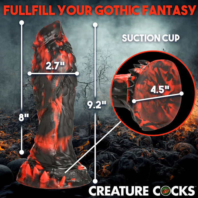 The Creature Cocks Reaper with measurements superimposed over various sides of it. All measurements are included within the product text. | Kinkly Shop