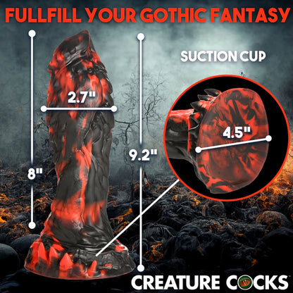 The Creature Cocks Reaper with measurements superimposed over various sides of it. All measurements are included within the product text. | Kinkly Shop