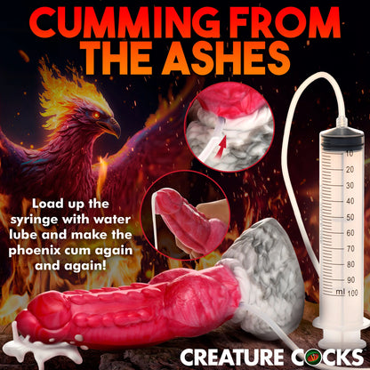 Image shows how to use the Creature Cocks Resurrector Phoenix Squirting which is as simple as loading up the syringe with water-based cum lube and then squirting it out to ejaculate as much as you'd like. | Kinkly Shop