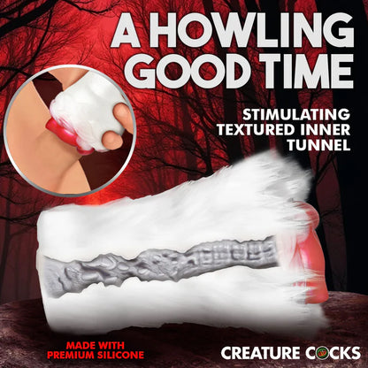 The Creature Cocks Snow She-Wolf Silicone Stroker shown wrapped around an illustrated shaft. Text on the image reads: A howling good time. Stimulating textured inner tunnel. Made with premium silicone. | Kinkly Shop