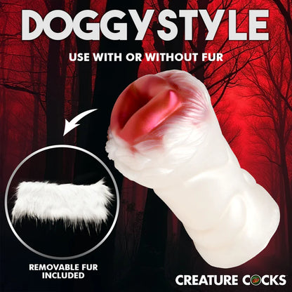 The Creature Cocks Snow She-Wolf Silicone Stroker shown without the removable fur layer. The fur layer can be taken off for easier cleaning or using with or without it. | Kinkly Shop
