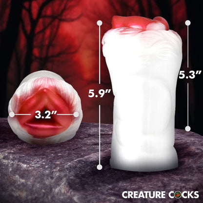 The Creature Cocks Snow She-Wolf Silicone Stroker with measurements shown overtop of it. All measurements are included within the product text description. | Kinkly Shop