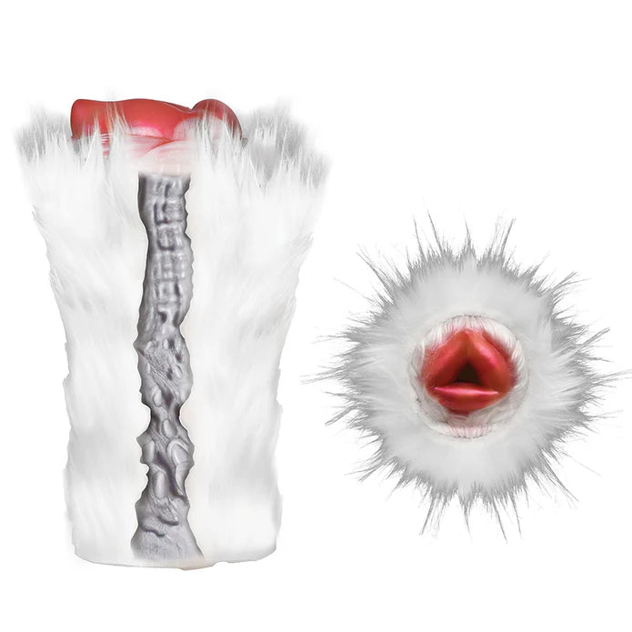 Cross-section of the inside of the Creature Cocks Snow She-Wolf Silicone Stroker. This showcases the very unique, detailed textured interior. | Kinkly Shop