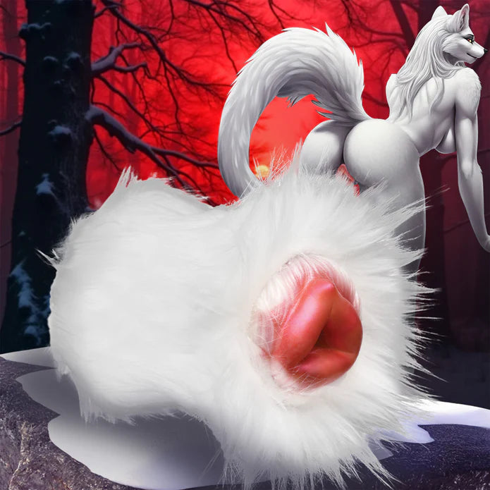 The Creature Cocks Snow She-Wolf Silicone Stroker shown in front of an illustrated furry art of a wearwolf. | Kinkly Shop