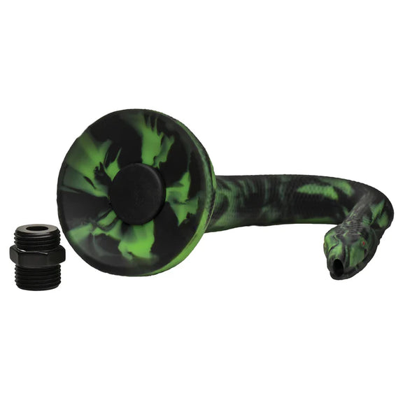 The Creature Cocks Spitting Serpent with the base shown pointing at the camera. The base has a hole in it that can either be plugged up or attached to a hose to turn the dildo into an enema tip. | Kinkly Shop