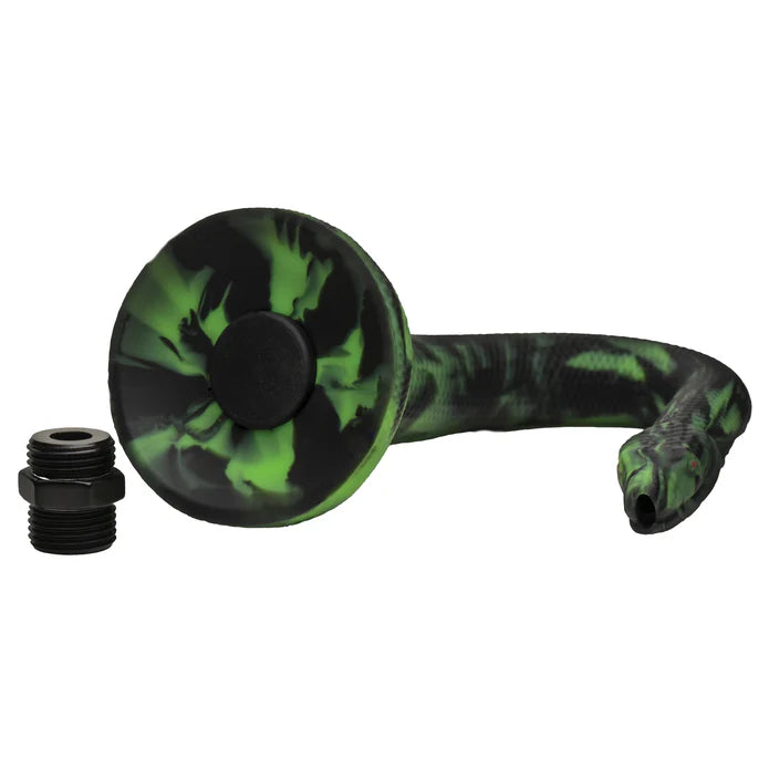 The Creature Cocks Spitting Serpent with the base shown pointing at the camera. The base has a hole in it that can either be plugged up or attached to a hose to turn the dildo into an enema tip. | Kinkly Shop